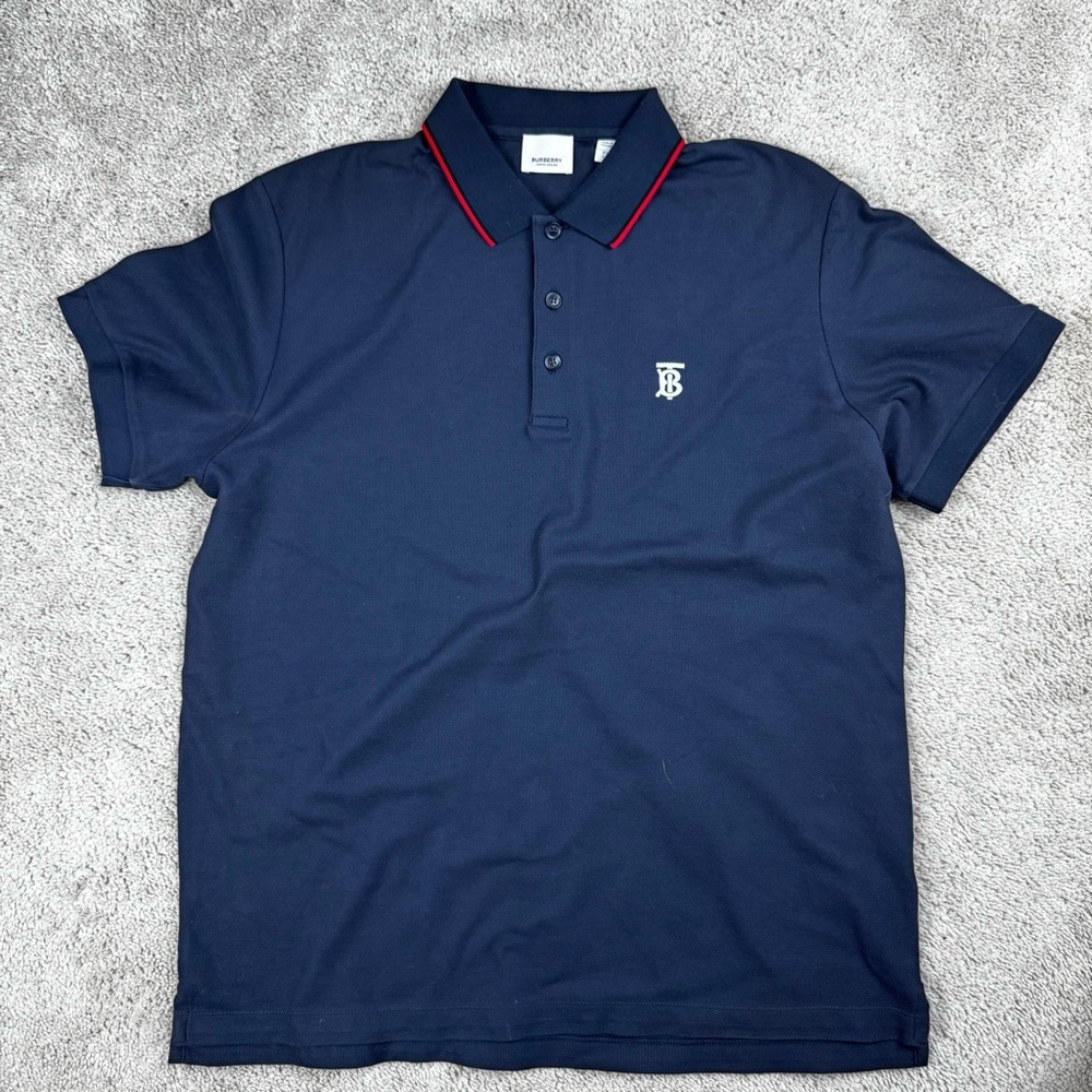 Burberry Mens Navy Blue Polo‎ Shirt Red Trim TB Logo Size XL